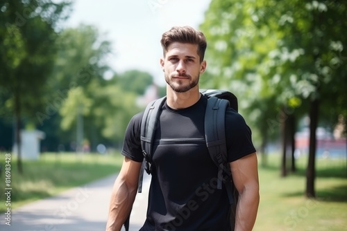 An athletic young man with a backpack is doing sports in a city park. Rucking, weighted backpack walking. 