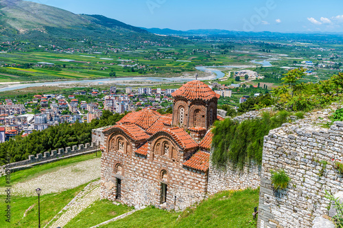 A view down over Saint Theodores Church in the castle above the city of Berat, Albania in summertime photo