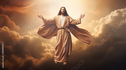 Jesus in robe stands with hands wide raised to heaven calling on people to stop committing sins