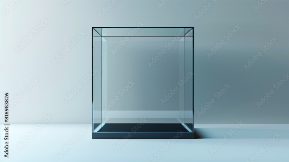 A transparent glass display case with a minimalistic design, placed against a plain background, perfect for showcasing products or artifacts in a modern setting. A transparent glass display case with a minimalistic design, placed against a plain background, perfect for showcasing products or artifacts in a modern setting.