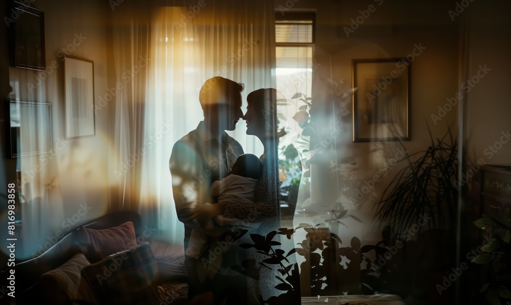 A couple with a new born baby , holding the baby, with the double exposure effect. A couple with a new born baby , holding the baby, with the double exposure effect.
