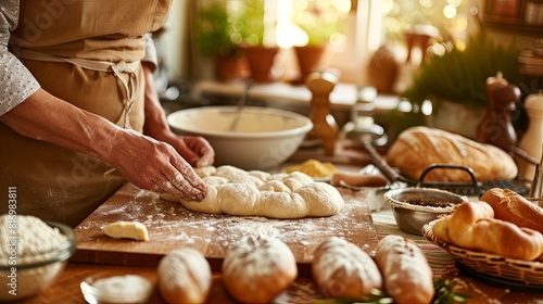 Person placing a tray of bread dough into a preheated oven photo