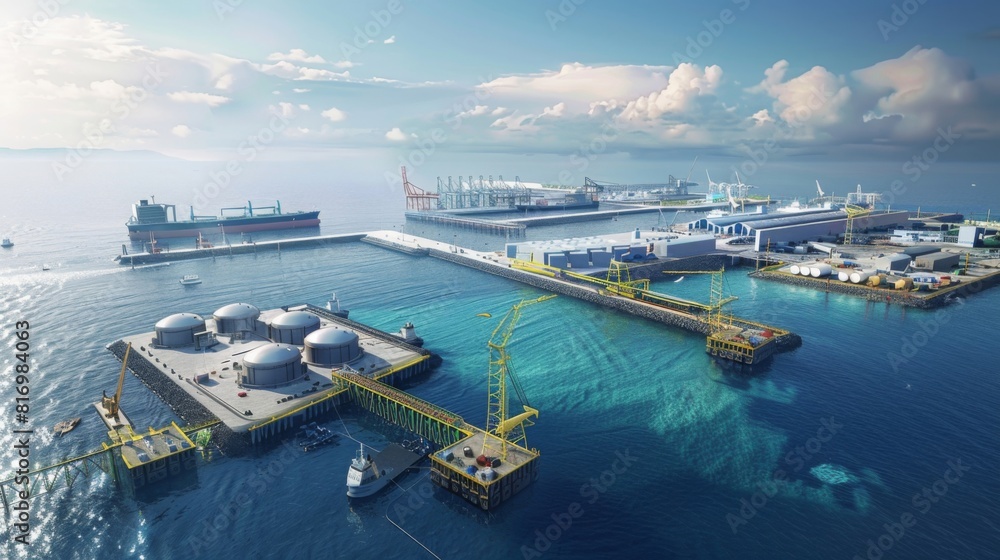 Depict a futuristic port powered by renewable energy sources, with electric cranes, hydrogen fueling stations, and emission-free vehicles, demonstrating a commitment to sustainability 