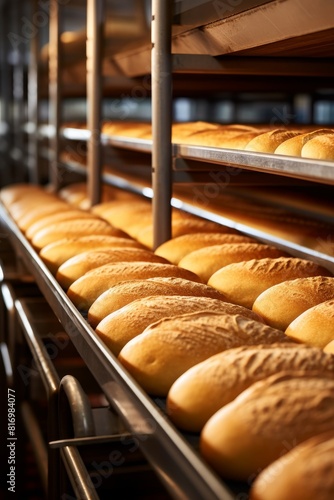 Bread loaves on conveyor in bakery