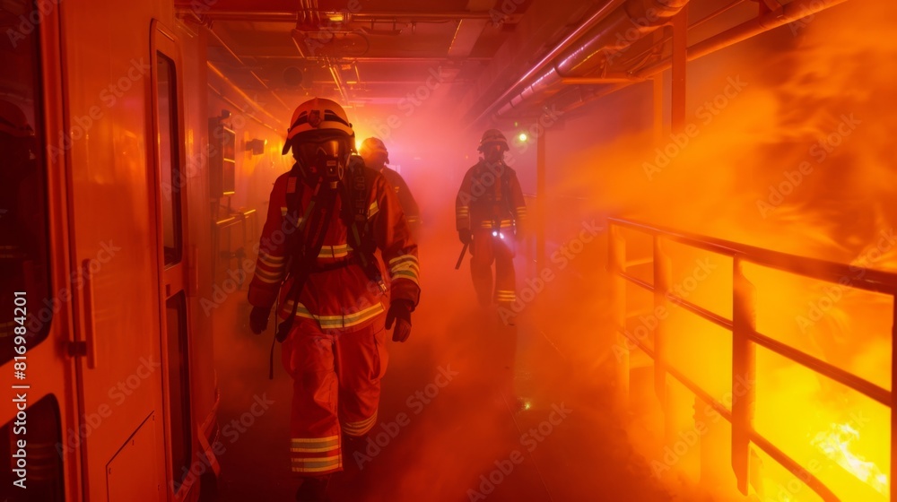 Depict a simulated emergency response exercise onboard a ship, with crew members practicing evacuation procedures and firefighting techniques under realistic conditions 