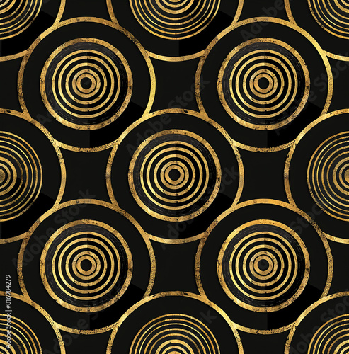 luxury gold rings circles on black background, seamless wallpaper