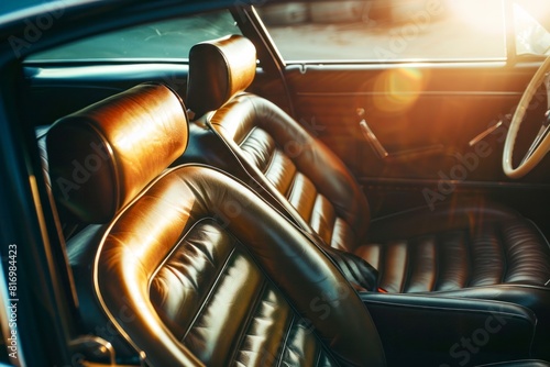 interior of a vintage sport car with brown leather seats