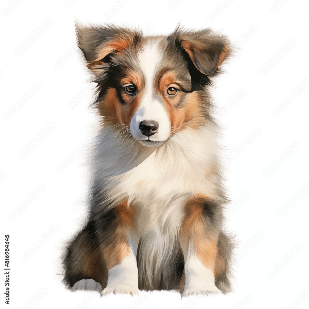 Rough collie. Puppy dog. Long-haired collie clipart. Watercolor illustration. Generative AI. Detailed illustration.