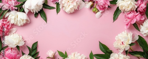 Frame made of beautiful peony flowers on a pink background. Flat lay  copy space  summer flowers  spring banner  birthday  Mother s day  wedding  mockup frame