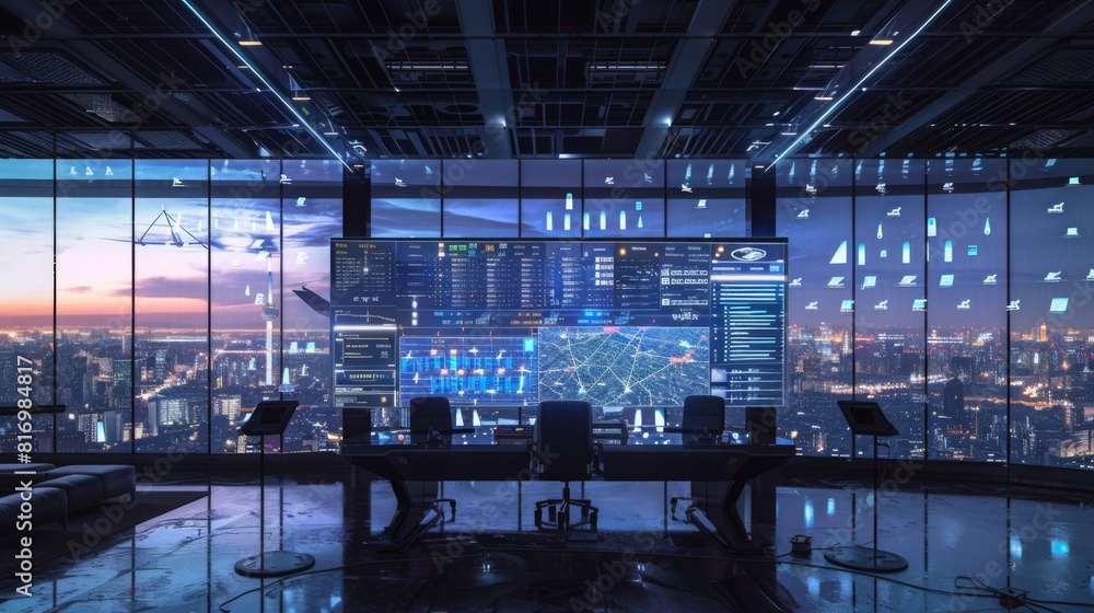 Design a scene of an AI algorithm optimizing flight routes on a large digital screen in an air logistics control room, with a cityscape visible through the windows Design a scene of an AI algorithm optimizing flight routes on a large digital screen in an air logistics control room, with a cityscape visible through the windows