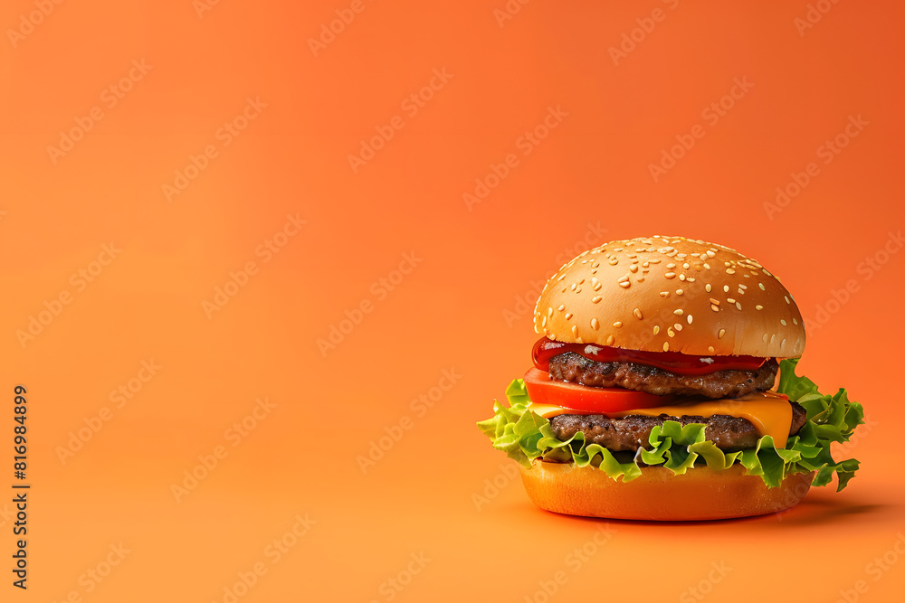 A vibrant image of a delicious cheeseburger with lettuce and tomato on a solid orange background A vibrant image of a delicious cheeseburger with lettuce and tomato on a solid orange background