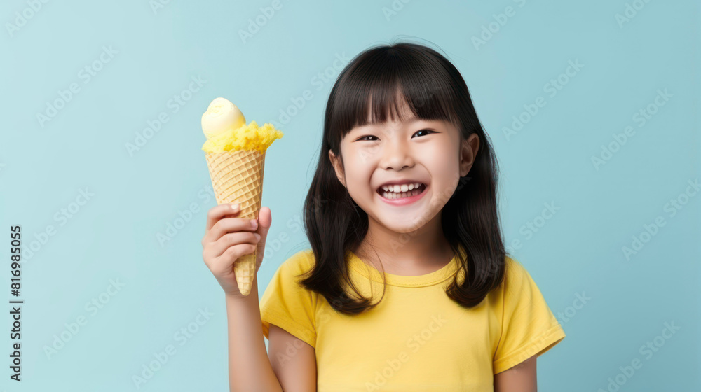 A young girl holds an ice cream cone with a big smile on her face A young girl holds an ice cream cone with a big smile on her face