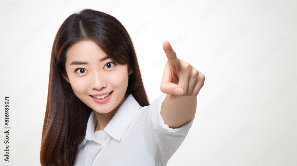 A young Asian woman is pointing at the camera with a smile on her face. A young Asian woman is pointing at the camera with a smile on her face.