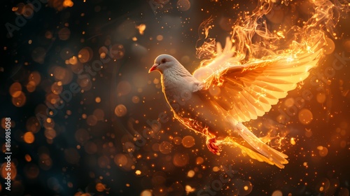 Fiery Dove in Flight, Glowing Bird with Flame Effects and Bokeh Background 