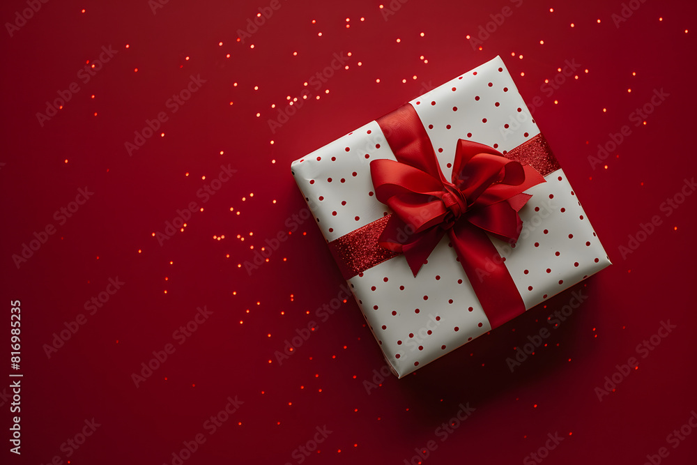 Fototapeta premium A detailed shot of a beautifully wrapped gift box with a ribbon on a solid red background 