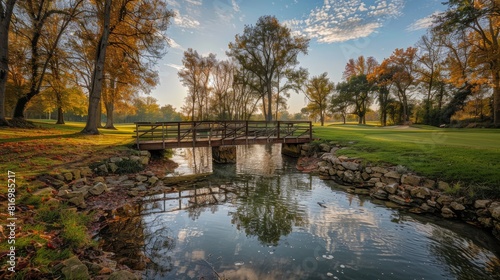 Wooden bridge over a creek on a golf course at sunrise