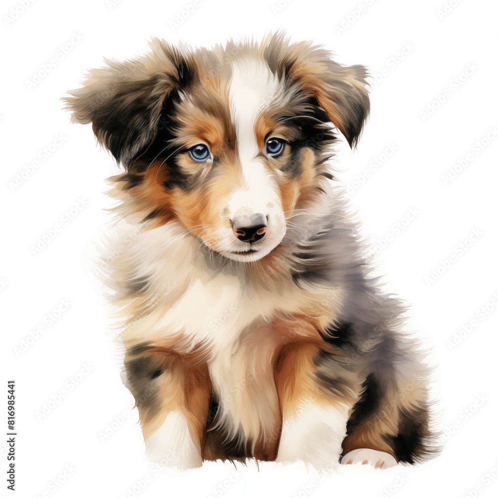 Rough collie. Puppy dog. Long-haired collie clipart. Watercolor illustration. Generative AI. Detailed illustration.