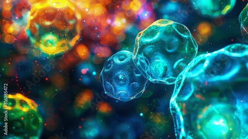 Abstract image of glowing stem cells in vibrant colors, selective focus, concept of life's building blocks, vibrant, Overlay, dark microscope view backdrop photo