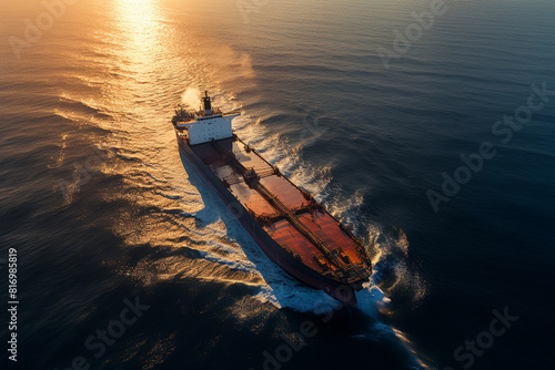 An aerial view of a dry cargo ship moving on the high seas during sunset in clear, cloudless weather. © Stavros