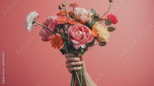 Anonymous individual presenting a hand-tied bouquet of mixed flowers  focus on craftsmanship  concept of gifting  realistic  Double exposure  pink backdrop