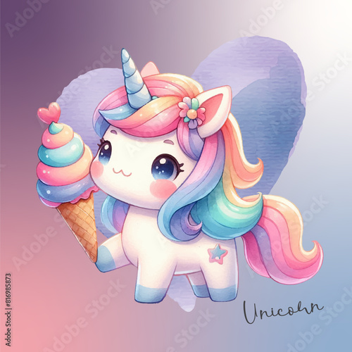 cute water color unicorn with ice-cream, Pastel
