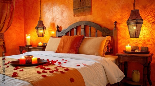 A bedroom with burning candles strewn with rose petals in anticipation of a romantic evening. Petals delicately caress the path to a night of pure enchantment.