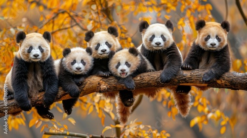 Fototapeta Naklejka Na Ścianę i Meble -  Charming baby pandas smiling on branch, cute group hangout   adorable wildlife moment