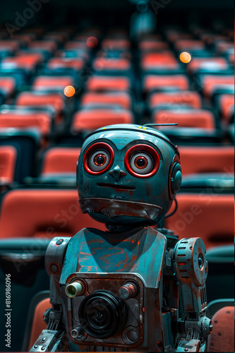 A vintage robot toy sits in the middle of an empty auditorium.