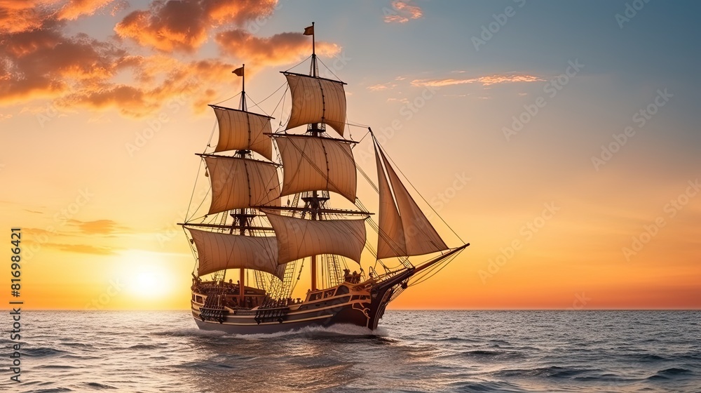 Fototapeta premium Small sailing ship in the open sea at sunset. The Golden Horizon, a magnificent vessel from the 17th century, adorned with golden accents and a grandeur that captures the imagination.