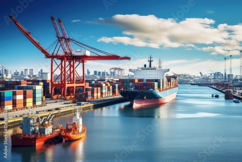 Aerial view of a busy seaport with cargo ships loading and unloading. Logistics operations supporting global trade. Global trade and logistics. Global business.