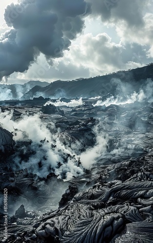 A volcanic landscape with solidified lava fields and steam vents  showcasing the aftermath of a recent eruption