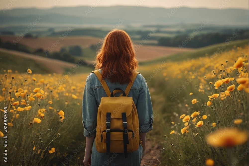 Red haired tourist girl with yellow backpack, back view, background amazing stunning landscape, travel concept, hiking, hiking. Red haired tourist girl with yellow backpack, back view, background amazing stunning landscape, travel concept, hiking, hiking.