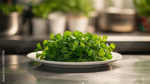 Fresh Coriandrum sativum leaves arranged on a white plate, creating a vibrant garnish ready for culinary experimentation photo