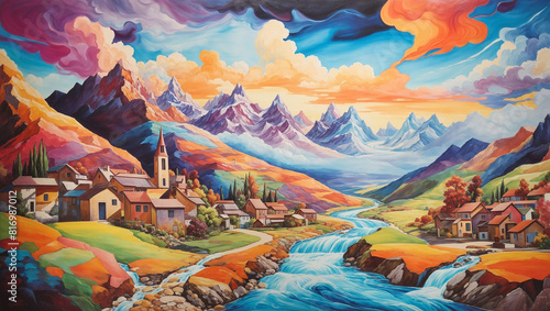 a painting of a mountain valley with a river running through it. 