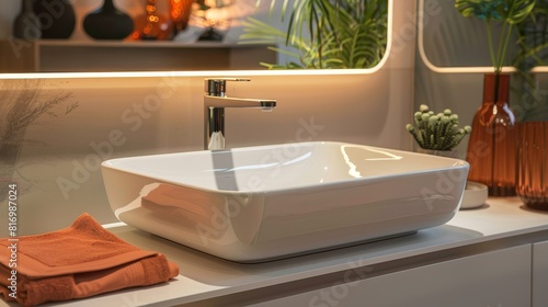 Cozy bathroom with wooden countertops  modern sink  and warm lighting in a bright  inviting space. Perfect for home decor and lifestyle themes.