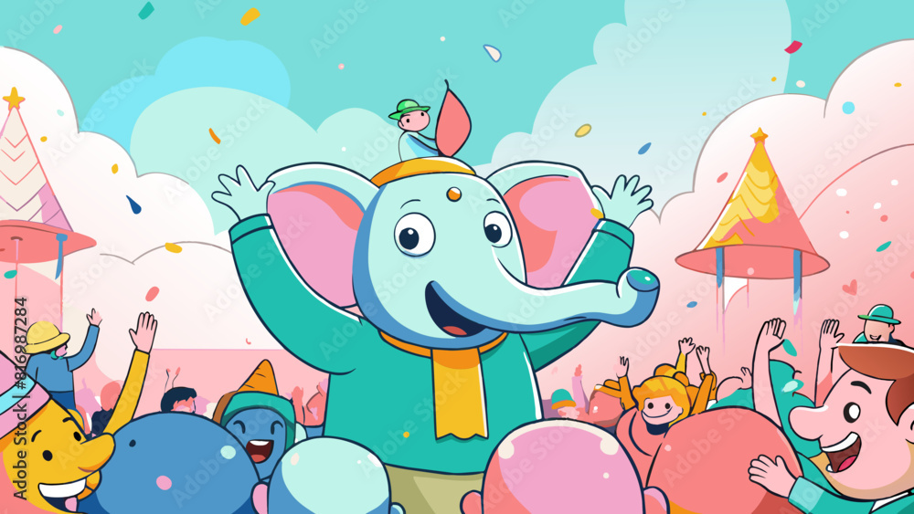 Fototapeta premium Joyful Cartoon Parade with Dancing Elephant and Happy Characters