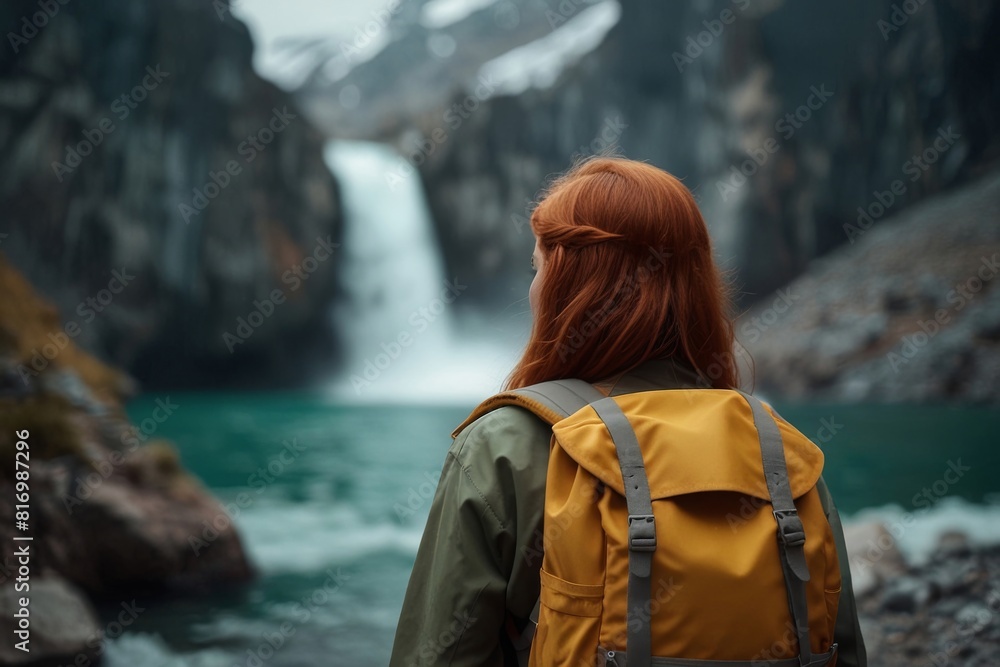 Red haired tourist girl with yellow backpack, back view, background amazing stunning landscape, travel concept, hiking, hiking. Red haired tourist girl with yellow backpack, back view, background amazing stunning landscape, travel concept, hiking, hiking.