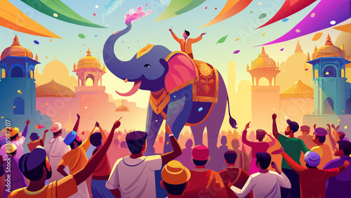 Vibrant Indian Festival Celebration with Elephant and Crowd