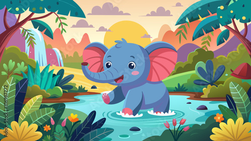 Cheerful Cartoon Elephant Enjoying a Waterhole in a Vibrant Jungle at Sunset