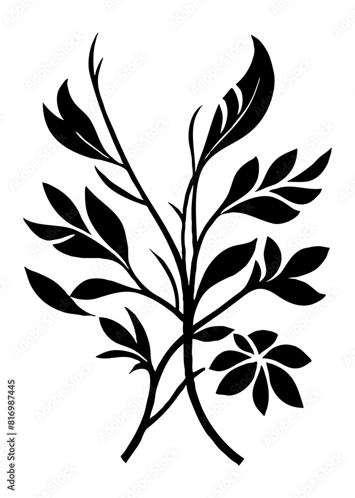 Botanical black and white pattern. Abstract plant shapes. Minimalist illustration for printing on wall decorations, for use in graphics, for tattoos. Generated by Ai Botanical black and white pattern. Abstract plant shapes. Minimalist illustration for printing on wall decorations, for use in graphics, for tattoos. Generated by Ai