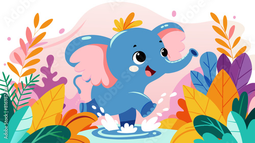 Cheerful Cartoon Elephant Splashing Water Amidst Colorful Foliage