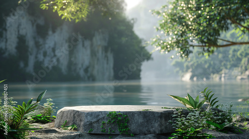 Natural stone podium in natural river or lake background with green leaves in the green jungle. Empty showcase for packaging product presentation. Background for cosmetic products. Mock up pedestal.