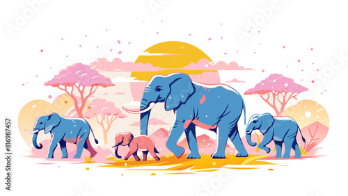 African Elephants Family at Sunset Illustration