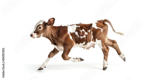 calf frolicking sideways against a pristine white studio backdrop  