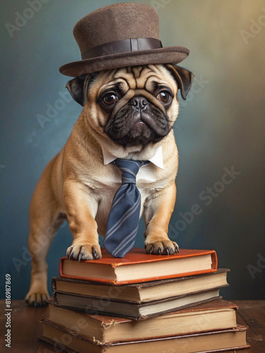 humor concept with cute dog pug and books, very realistic illustration like smart and clever animals topic 