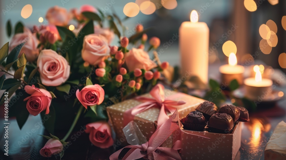 valentine's Day setting with candles, flowers, valentine's Day setting with candles, flowers,