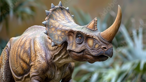 young Triceratops with light brown and beige scales  small horns  and frilled crest. Dinosaur s curious expression and intricate skin texture highlighted  set against a blurred natural background.