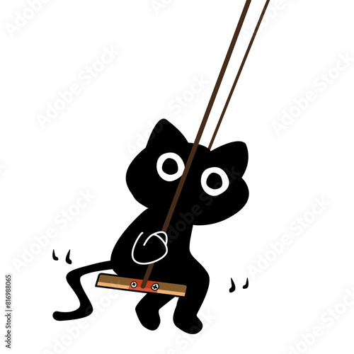 Black cat in the swing hand drawn vector illustration. Can be used for t-shirt print, kids wear fashion design, baby shower invitation card