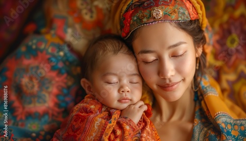 Asia mother nuzzling her newborn, their faces glowing with contentment and unconditional love.