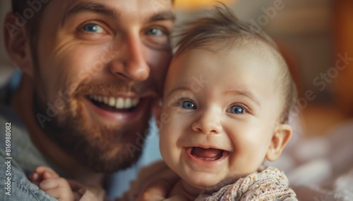 Dad pulling funny faces to entertain his infant daughter, her giggles a triumphant symphony.